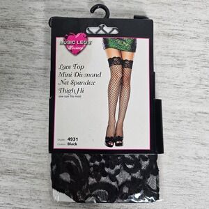 MUSIC LEGS Black Lace Top Diamond Net Thigh Hi Stockings #4931 - One‎ Size
